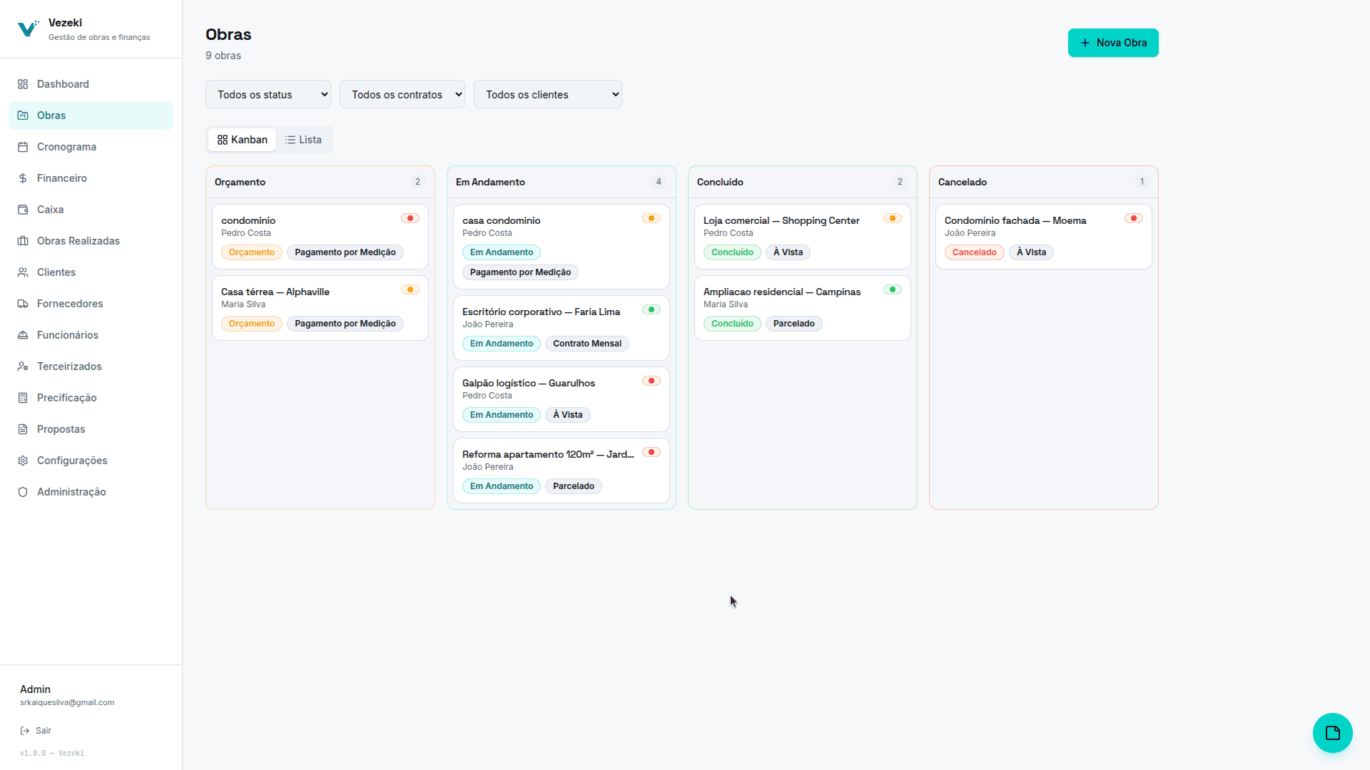 Detalhe de obra com status e informações do projeto