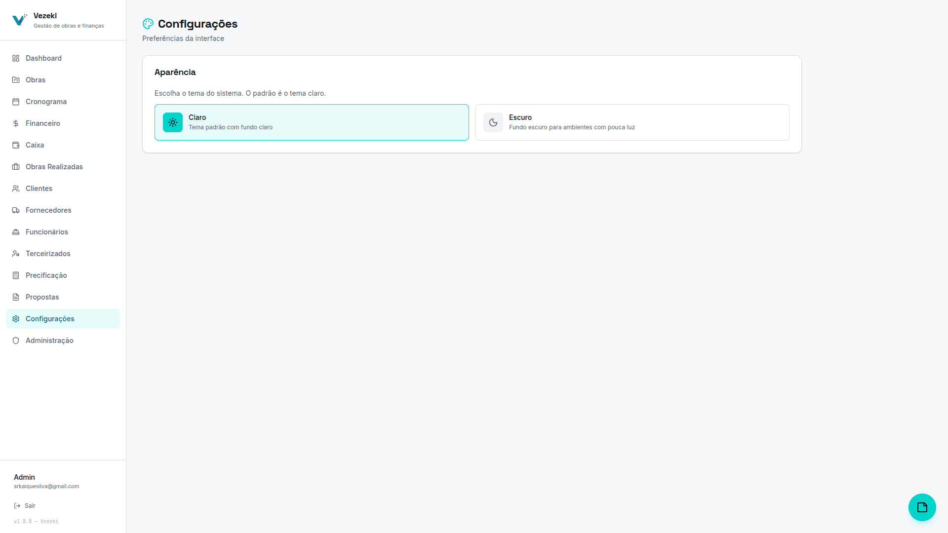Painel de configurações do sistema